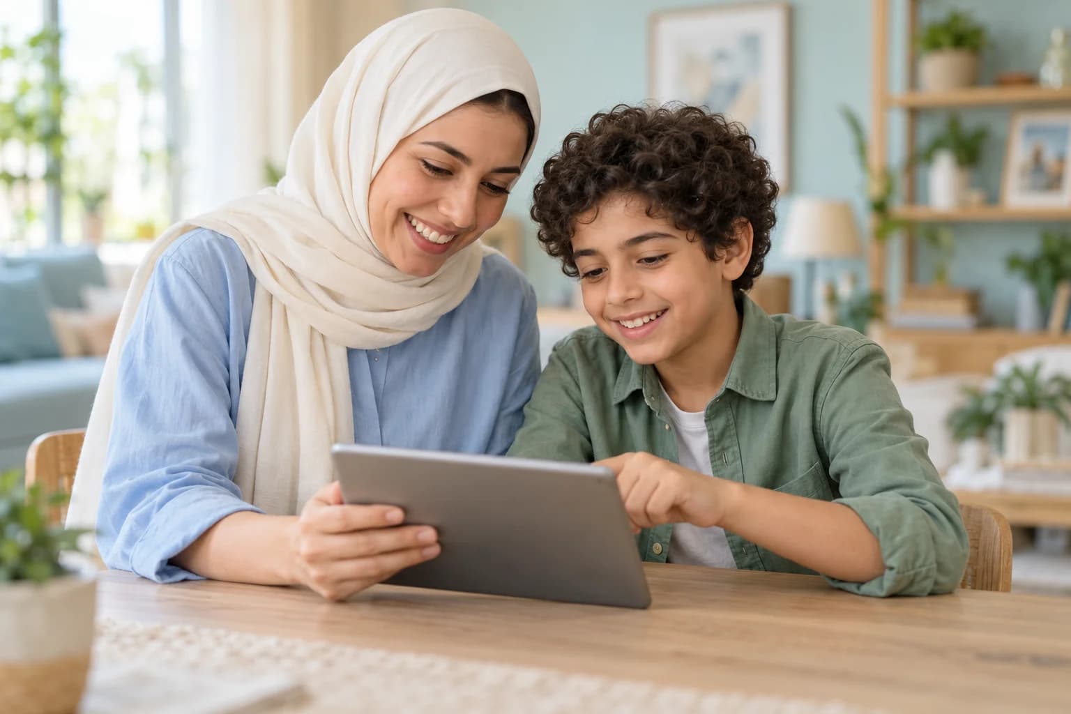أم وطفلها يتعلمان معًا باستخدام جهاز لوحي